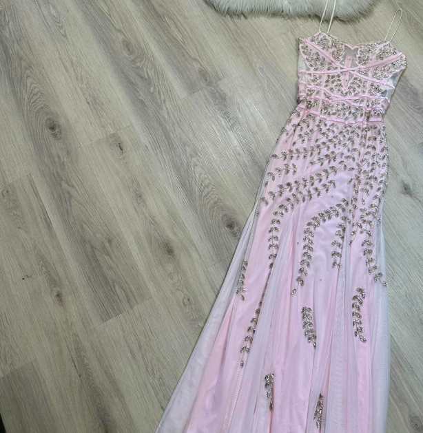 Vintage Sheath Spaghetti Strap Beaded Birthday Party Dress Pink Formal Evening Dress ED04077