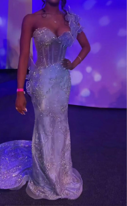 Sparkly Sheath One Shoulder Tulle Sequin Birthday Party Dress Light Blue Formal Evening Dress ED04078