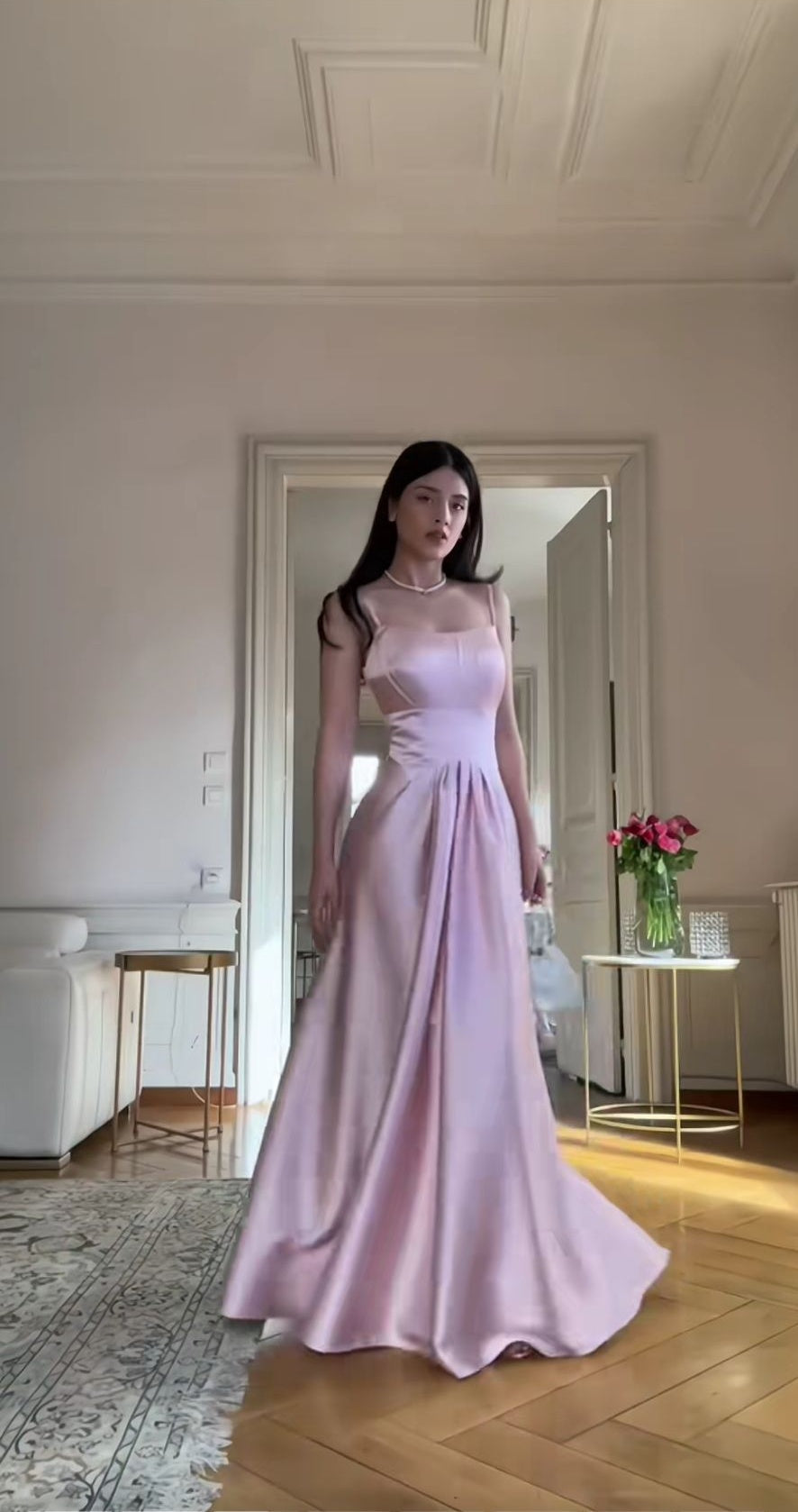 Gorgeous Satin A-Line Spaghetti Strap Party Dress Gray Pink Formal Evening Dress ED04079