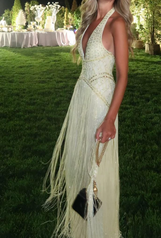 Gorgeous Sheath V-neck Open Back Prom Dress with Tassels Butter Yellow Backless Formal Evening Dress ED04080