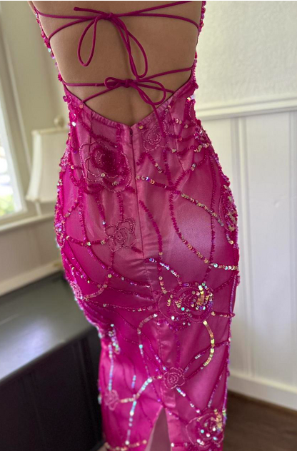 Vintage Sheath V-neck Chiffon Backless Party Dress with Beading Fuchsia Formal Evening Dress ED04081