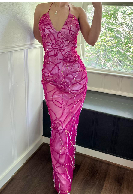 Vintage Sheath V-neck Chiffon Backless Party Dress with Beading Fuchsia Formal Evening Dress ED04081