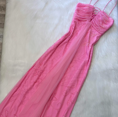 Vintage Sheath Spaghetti Strap Chiffon Beaded Dress Cute Pink Formal Evening Dress ED04083