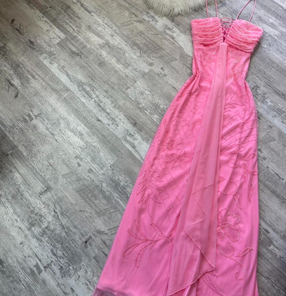 Vintage Sheath Spaghetti Strap Chiffon Beaded Dress Cute Pink Formal Evening Dress ED04083