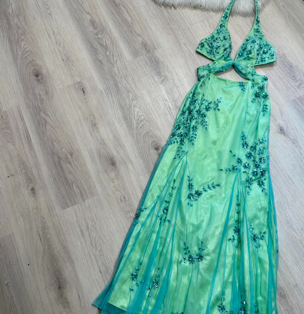 Vintage Sheath Backless Party Dress Chiffon Beaded Dress Fairy Green Formal Evening Dress ED04083