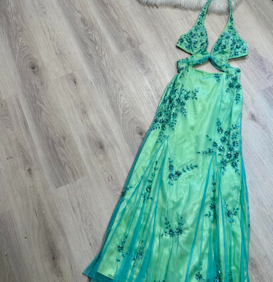 Vintage Sheath Backless Party Dress Chiffon Beaded Dress Fairy Green Formal Evening Dress ED04083