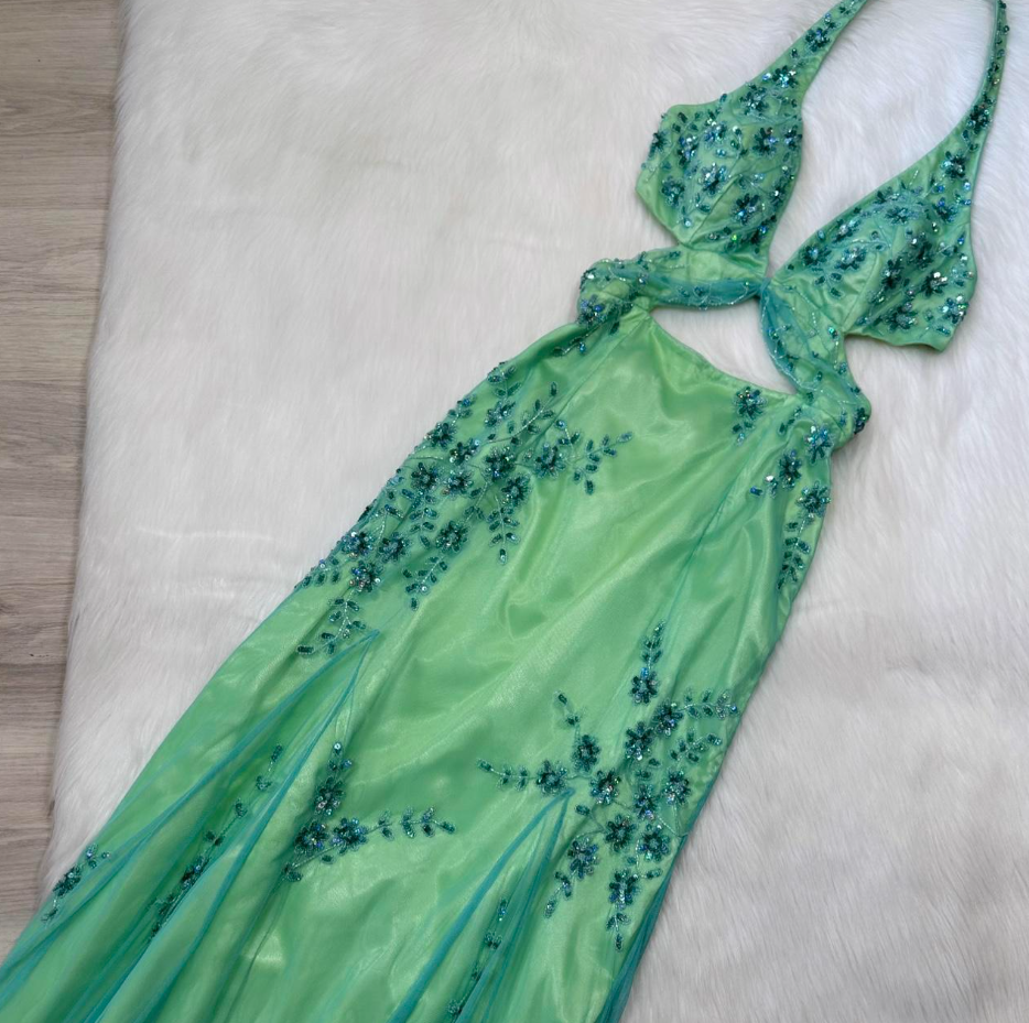 Vintage Sheath Backless Party Dress Chiffon Beaded Dress Fairy Green Formal Evening Dress ED04083