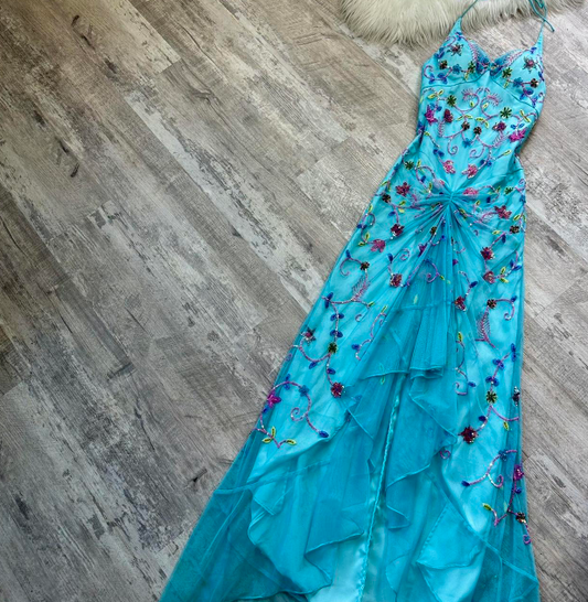 Vintage Mermaid Halter Backless Prom Dress Chiffon Beaded Dress Fairy Blue Formal Evening Dress ED04084