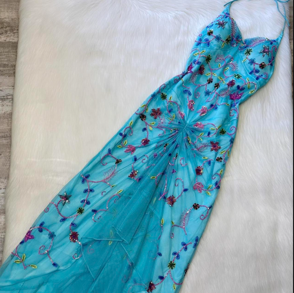 Mermaid Halter Backless Prom Dress Chiffon Beaded Dress Fairy Blue Formal Evening Dress HZ1024