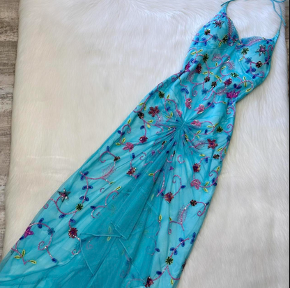 Vintage Mermaid Halter Backless Prom Dress Chiffon Beaded Dress Fairy Blue Formal Evening Dress ED04084