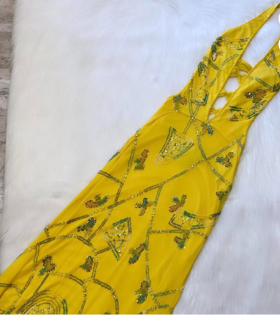 Vintage Sheath Halter Prom Dress Chiffon Beaded Dress Elegant Yellow Backless Formal Evening Dress ED04086