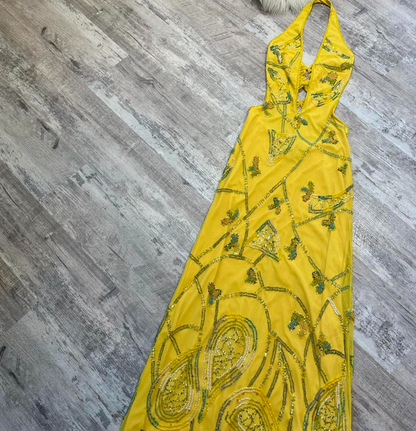 Vintage Sheath Halter Prom Dress Chiffon Beaded Dress Elegant Yellow Backless Formal Evening Dress ED04086