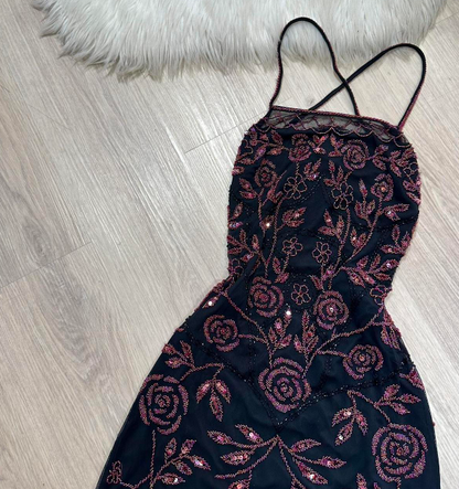 Vintage Sheath Spaghetti Strap Prom Dress Chiffon Beaded Dress Elegant Black Backless Formal Evening Dress ED04087