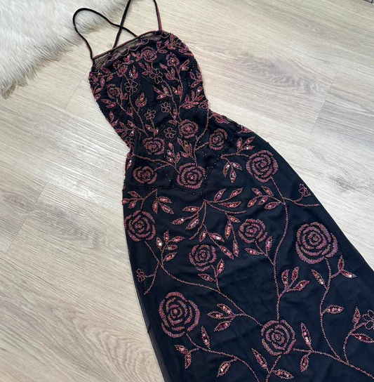 Vintage Sheath Spaghetti Strap Prom Dress Chiffon Beaded Dress Elegant Black Backless Formal Evening Dress ED04087