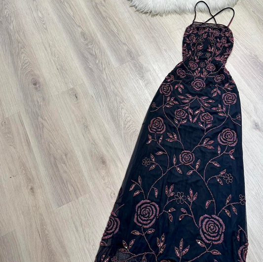 Vintage Sheath Spaghetti Strap Prom Dress Chiffon Beaded Dress Elegant Black Backless Formal Evening Dress ED04087