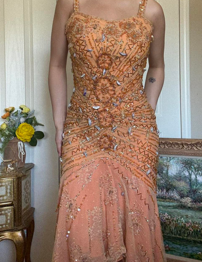 Vintage Sheath Spaghetti Strap Hi-Lo Prom Dress Chiffon Beaded Dress Elegant Orange Formal Evening Dress ED04088