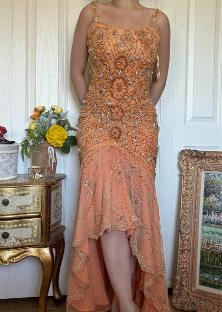 Vintage Sheath Spaghetti Strap Hi-Lo Prom Dress Chiffon Beaded Dress Elegant Orange Formal Evening Dress ED04088