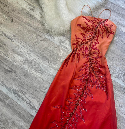 Vintage Sheath Spaghetti Strap Prom Dress Satin Beaded Dress Elegant Gradient Red Formal Evening Dress ED04089