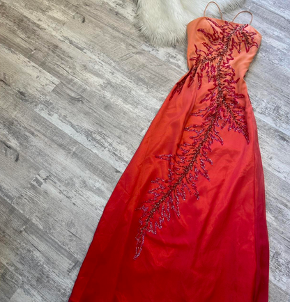Vintage Sheath Spaghetti Strap Prom Dress Satin Beaded Dress Elegant Gradient Red Formal Evening Dress ED04089