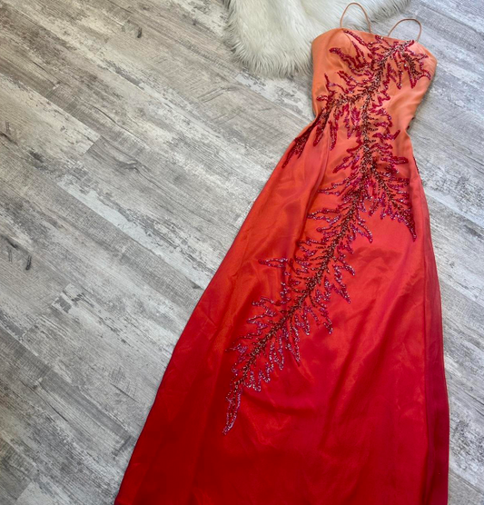 Vintage Sheath Spaghetti Strap Prom Dress Satin Beaded Dress Elegant Gradient Red Formal Evening Dress ED04089