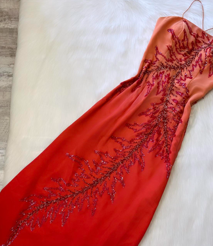 Sheath Spaghetti Strap Prom Dress Satin Beaded Dress Elegant Gradient Red Formal Evening Dress HZ1024
