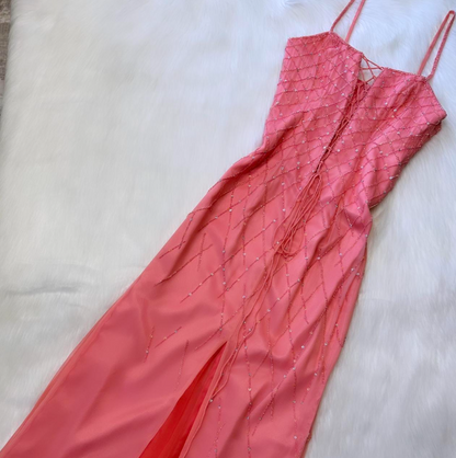Retro Spaghetti Strap Empire Prom Dress Chiffon Beaded Dress Fairy Hot Pink Formal Evening Dress ED04090