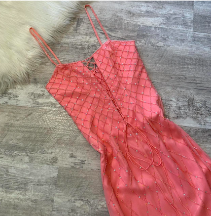 Retro Spaghetti Strap Empire Prom Dress Chiffon Beaded Dress Fairy Hot Pink Formal Evening Dress ED04090