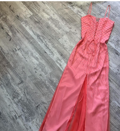 Retro Spaghetti Strap Empire Prom Dress Chiffon Beaded Dress Fairy Hot Pink Formal Evening Dress ED04090