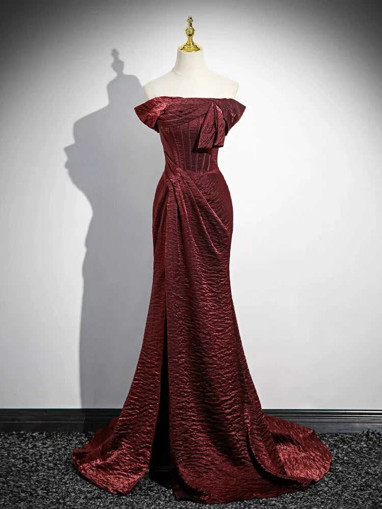 Simple Off Shoulder Burgundy Long Prom Dress, Burgundy Long Formal Dress ED040