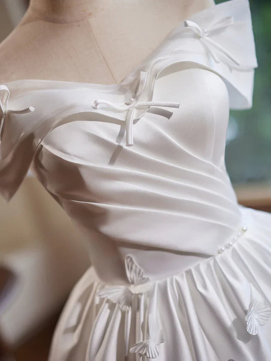 A-Line Off Shoulder Satin White Short Prom Dress, White Homecoming Dress ED041