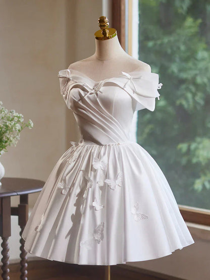 Off Shoulder Satin White Short Prom Dress, White Homecoming Dress HZ1024