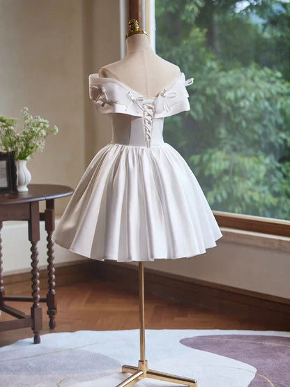 Off Shoulder Satin White Short Prom Dress, White Homecoming Dress HZ1024