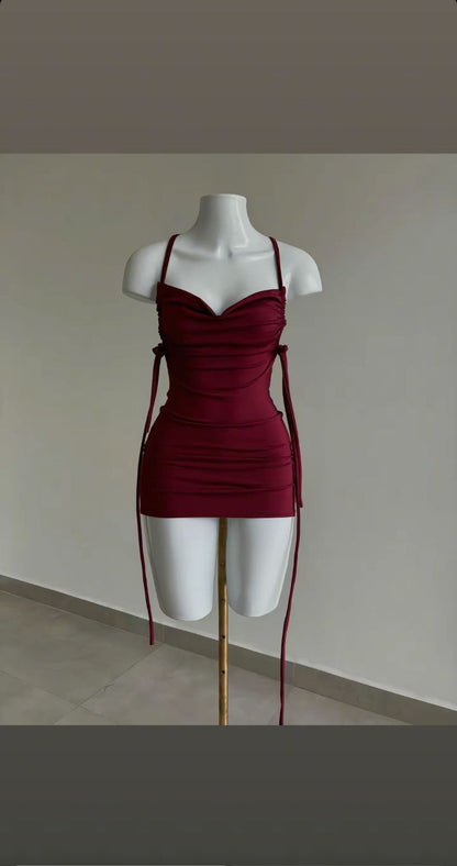 Bodycon Spaghetti Strap Formal Dress Short Party Dress Satin Burgundy Homecoming Dress HZ1024