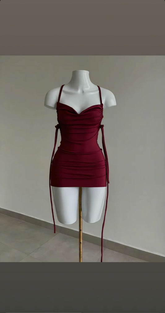Bodycon Spaghetti Strap Formal Dress Short Party Dress Satin Burgundy Homecoming Dress HZ1024