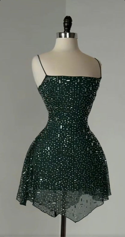Sexy Sheath Spaghetti Strap Formal Dress Short Party Dress Chiffon Dark Green Homecoming Dress ED04101