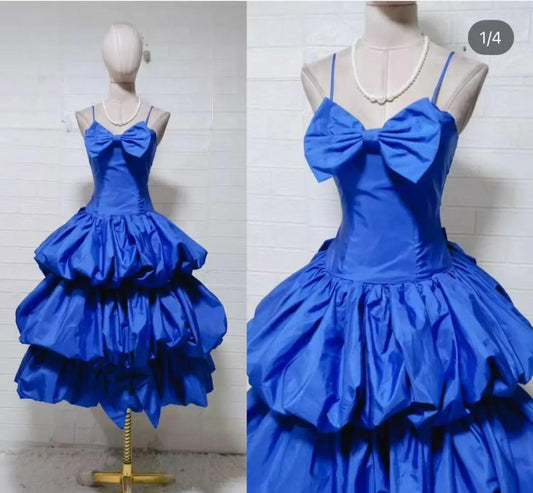 Blue Ball Gown Spaghetti Strap Satin Birthday Dress HZ1024