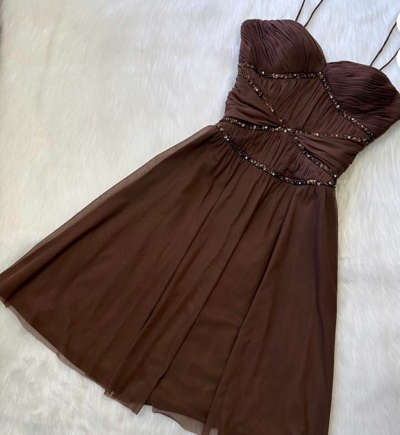 Vintage Chocolate A-Line Short Birthday Party Dress Spaghetti Strap Homecoming Dress ED04109