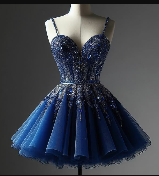 Sparkly Spaghetti Strap A-Line Tulle Beading Short Prom Dress, Blue Homecoming Dress ED04111