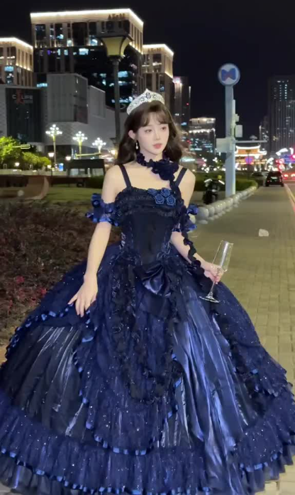 Elegant Spaghetti Strap Ball Gown Satin Long Prom Dress Navy Blue Formal Evening Dress ED04117