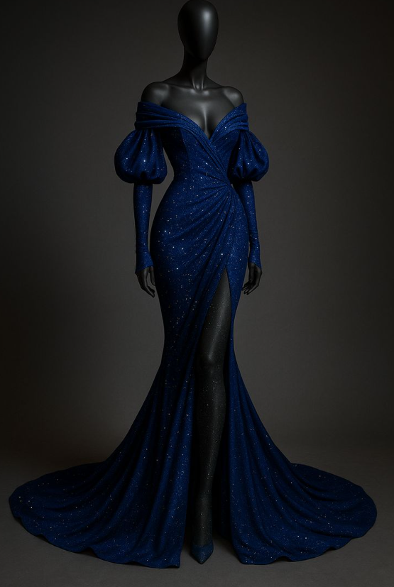 Elegant Off-the-shoulder Mermaid Glitter Satin Long Prom Dresses, Blue Formal Evening Gowns ED04127