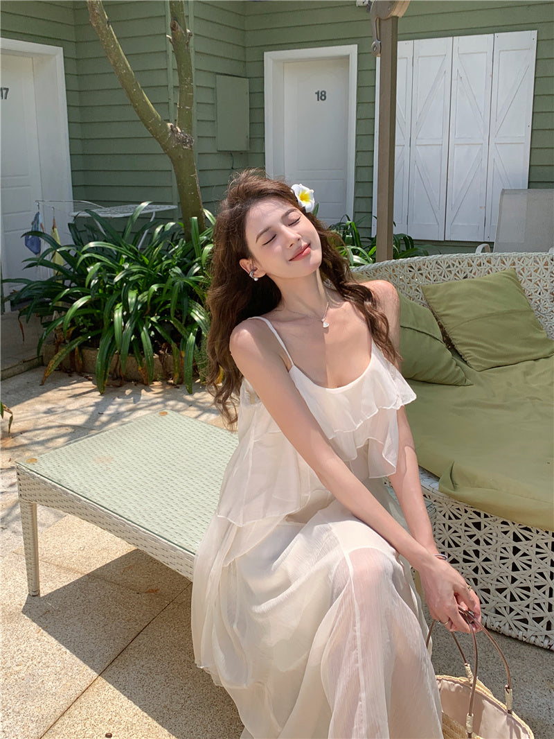 Seaside holiday chiffon ruffled suspender dress ED0413