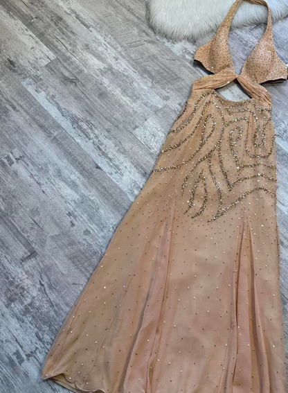Vintage Halter Sheath Chiffon Sequin Long Prom Dress Backless Champagne Formal Evening Dress ED04141