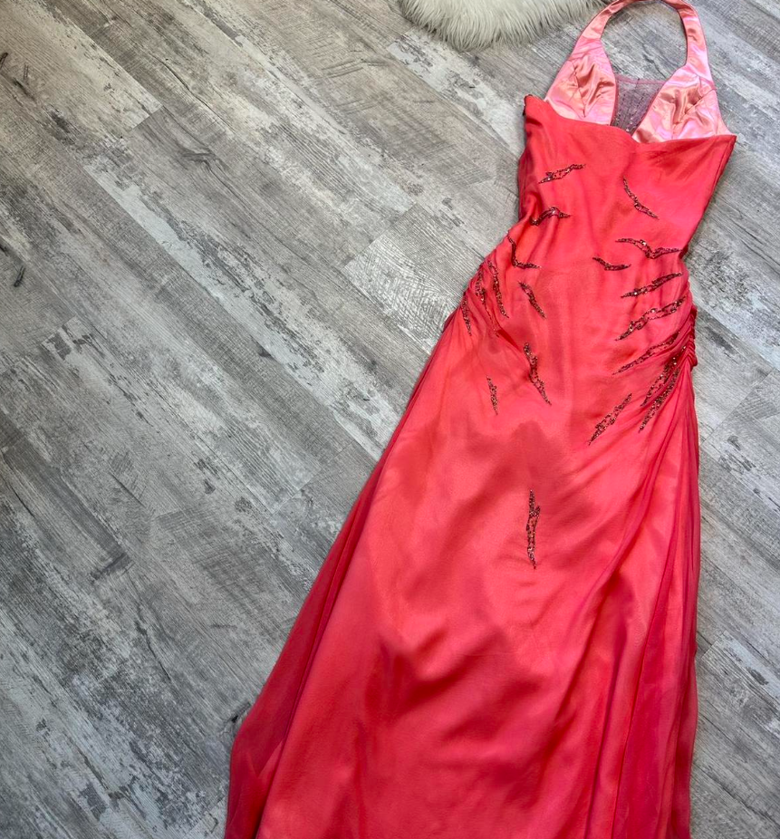 Vintage Halter Sheath Chiffon Satin Beaded Long Prom Dress Backless Red Formal Evening Dress ED04142
