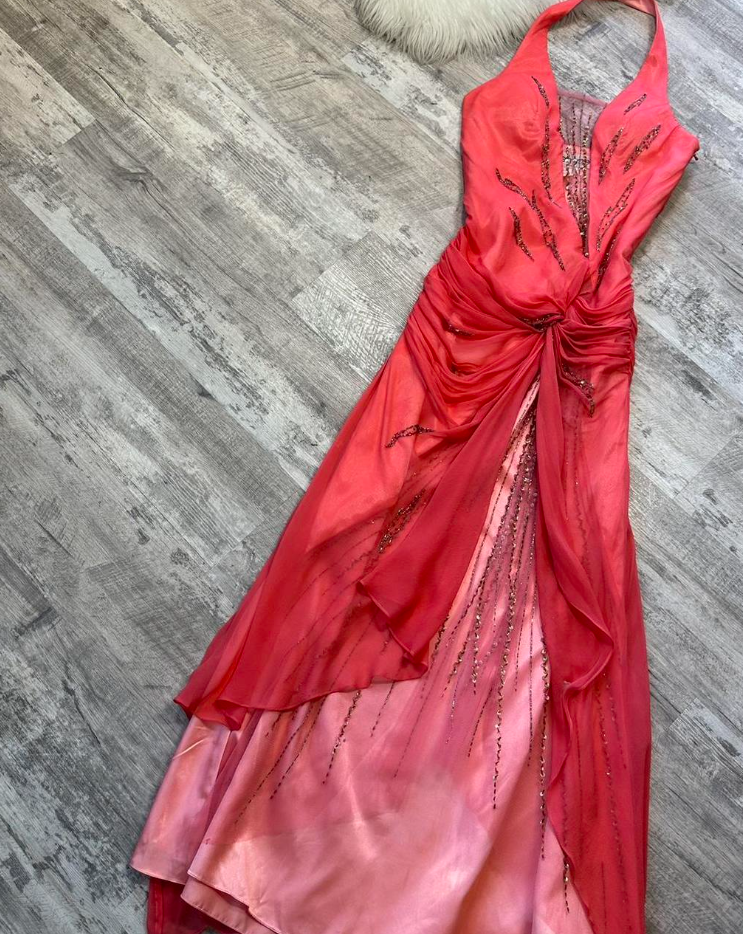 Vintage Halter Sheath Chiffon Satin Beaded Long Prom Dress Backless Red Formal Evening Dress ED04142