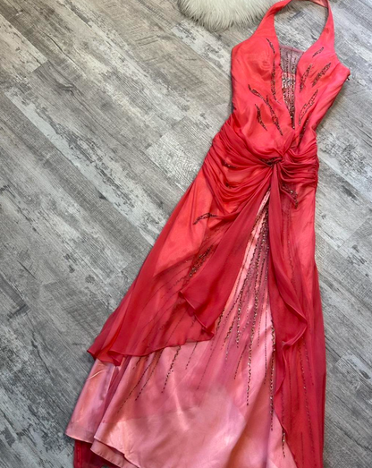 Vintage Halter Sheath Chiffon Satin Beaded Long Prom Dress Backless Red Formal Evening Dress ED04142