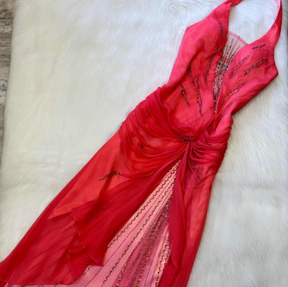 Halter Sheath Chiffon Satin Beaded Long Prom Dress Backless Red Formal Evening Dress HZ1024