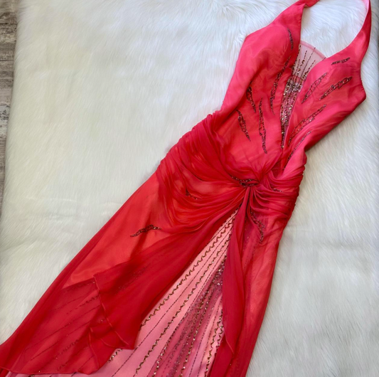 Vintage Halter Sheath Chiffon Satin Beaded Long Prom Dress Backless Red Formal Evening Dress ED04142