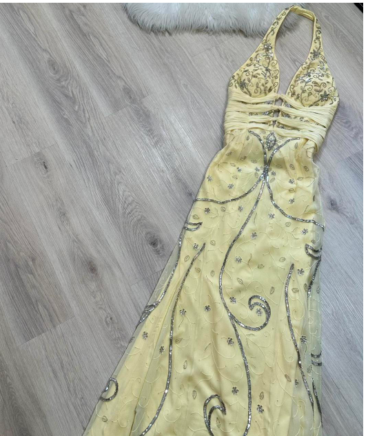 Vintage Halter Sheath Chiffon Beaded Long Prom Dress Backless Yellow Formal Evening Dress ED04143