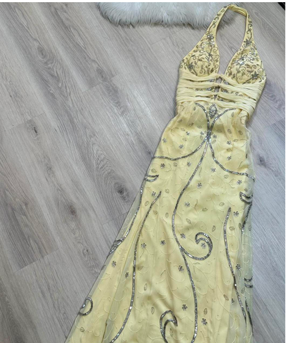 Vintage Halter Sheath Chiffon Beaded Long Prom Dress Backless Yellow Formal Evening Dress ED04143