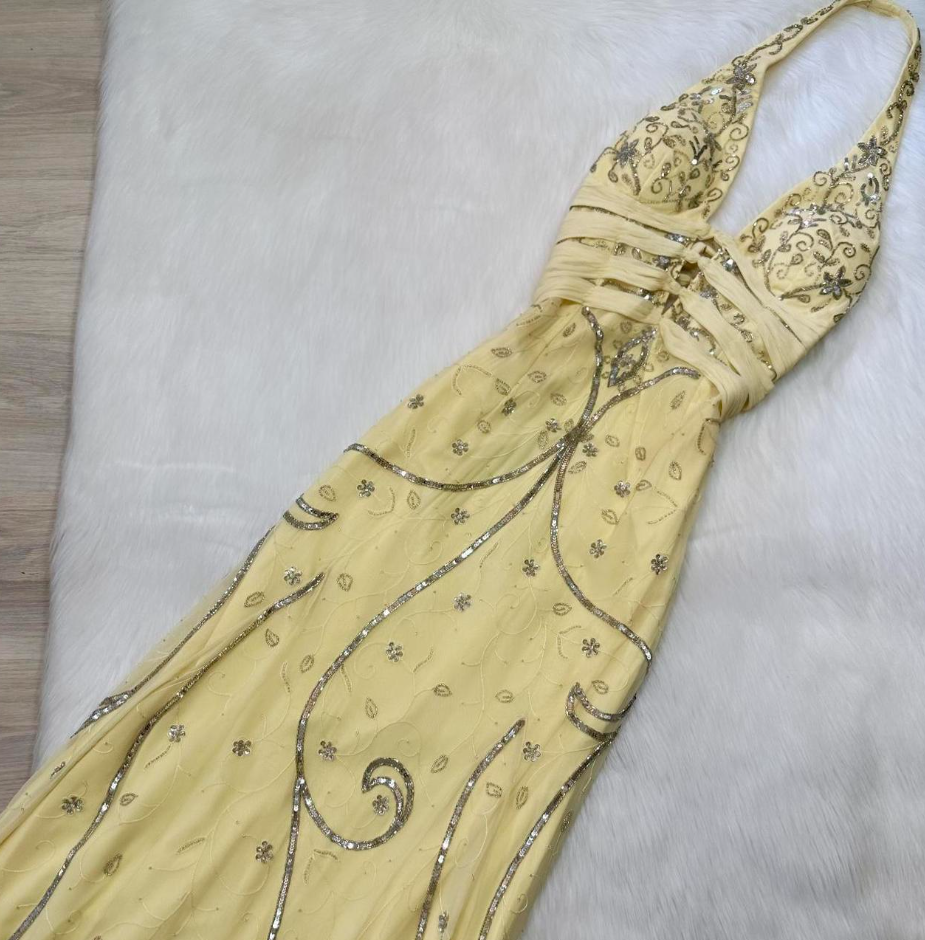Halter Sheath Chiffon Beaded Long Prom Dress Backless Yellow Formal Evening Dress HZ1024